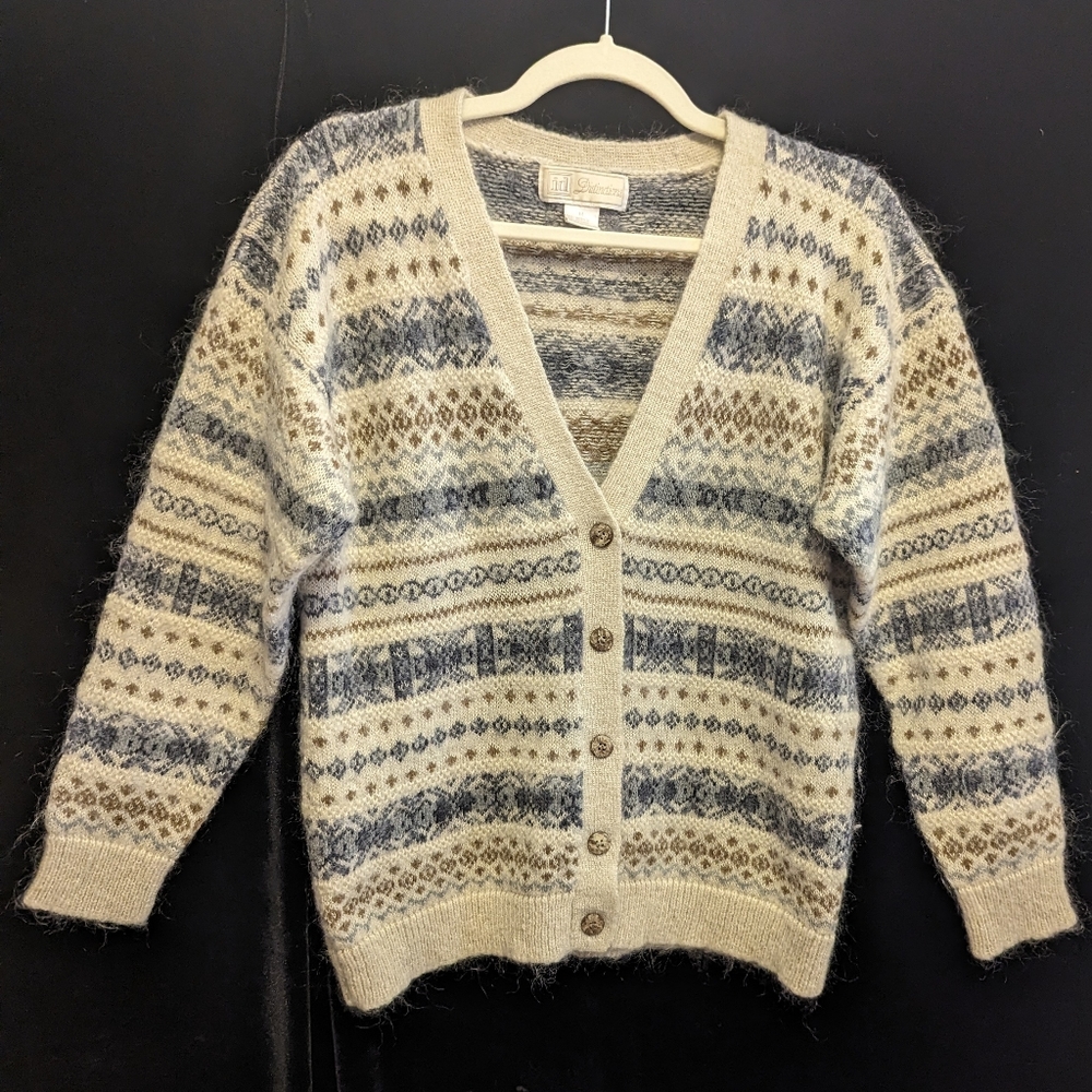 Vintage 90s Mohair Fair Isle Cardigan Sweater suze MEDIUM